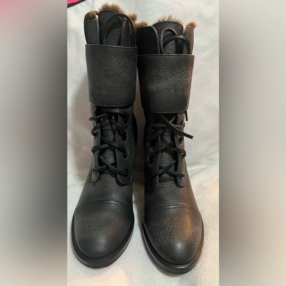Tory Burch Black Lace-Up Fold-Over Cuff Boots